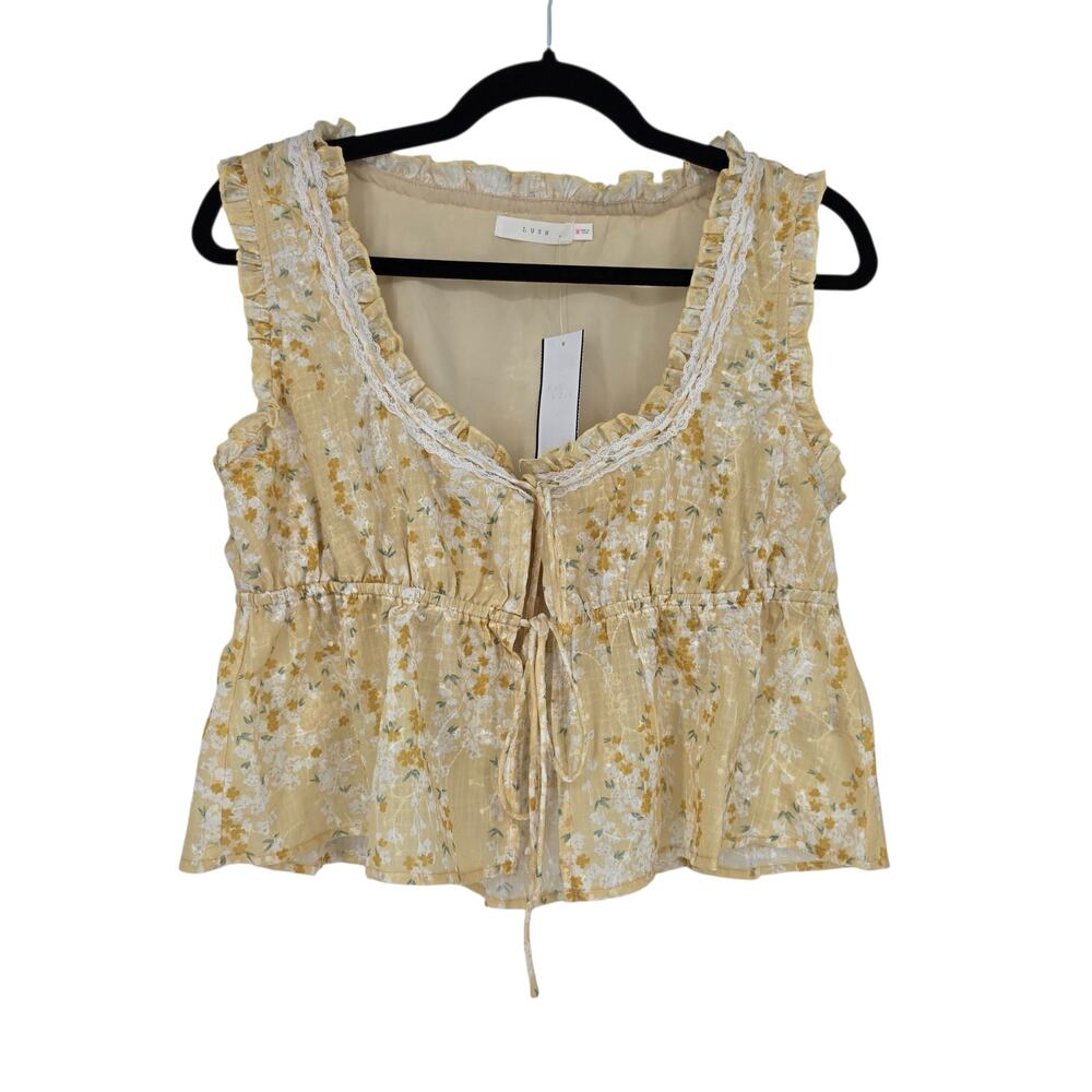 NWT Lush Yellow Floral Ruffle Lace Trim Scoop Neck Cropped Tank Top Size Medium